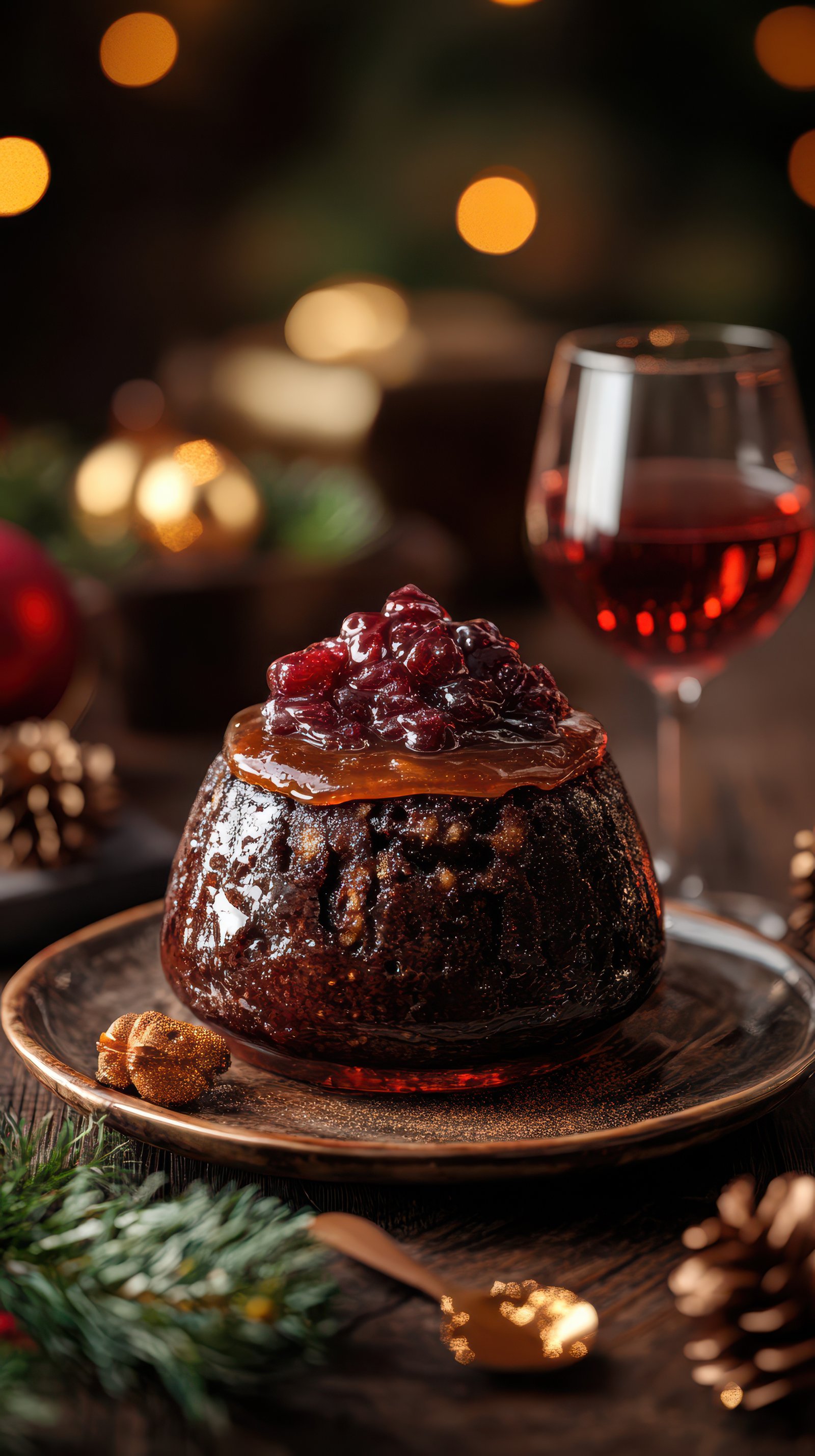 Holiday dessert served on a wooden plate with a glass of red beverage in festive setting